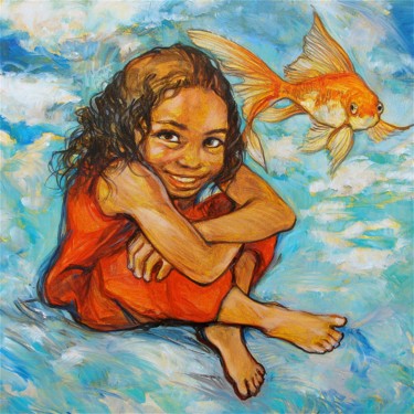 Painting titled "l'enfant au poisson" by Etzi, Original Artwork