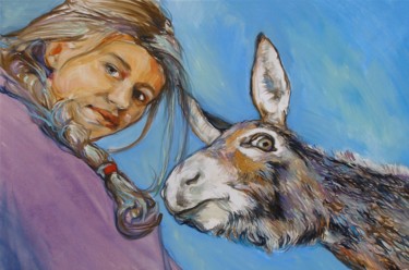 Peinture intitulée "auprès de mon âne" par Etzi, Œuvre d'art originale, Huile
