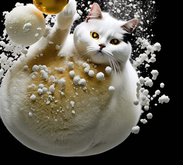 Digital Arts titled "White Cat Playing w…" by Eugen Matzota (Mandello), Original Artwork, 2D Digital Work