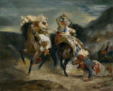 「Le combat des Giaou…」というタイトルの絵画 Eugene Delacroixによって, オリジナルのアートワーク, オイル