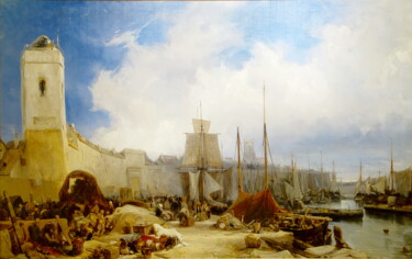 Malarstwo zatytułowany „Le port de Dunkerque” autorstwa Eugène Isabey, Oryginalna praca, Olej