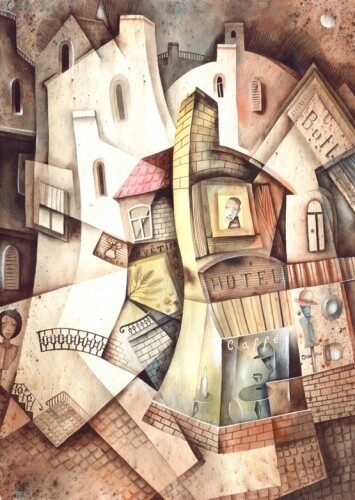 Painting titled "An old hotel" by Eugene Ivanov, Original Artwork