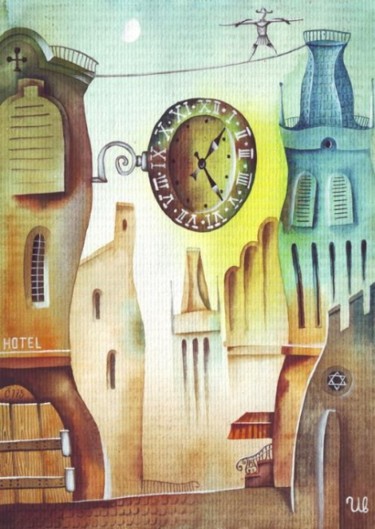 Painting titled "Under Ancient Clock" by Eugene Ivanov, Original Artwork, Oil