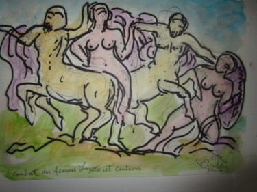 Painting titled "Combat des femmes l…" by Eugenio Otero Vilchez, Original Artwork, Ink