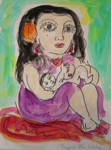 Картина под названием "Mère et enfant" - Eugenio Otero Vilchez, Подлинное произведение искусства, Масло