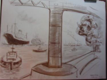 Dessin intitulée "Le port de Yokohama" par Eugenio Otero Vilchez, Œuvre d'art originale, Encre