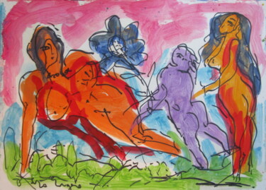 Painting titled "trois femmes et fle…" by Eugenio Otero Vilchez, Original Artwork, Oil