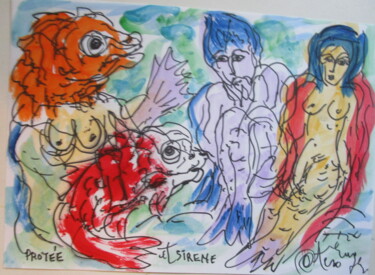 Peinture intitulée "Protée et Sirène" par Eugenio Otero Vilchez, Œuvre d'art originale, Huile
