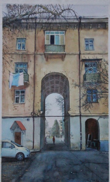 Painting titled "Old house with an a…" by Eugene Panov, Original Artwork, Watercolor