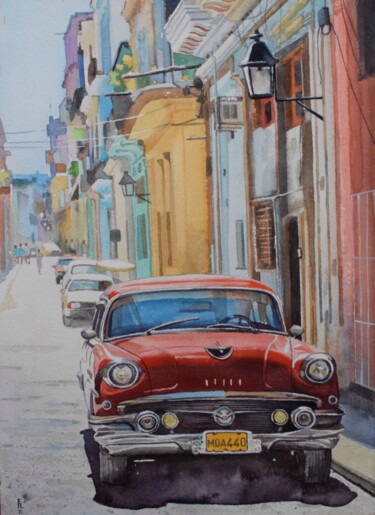 Pittura intitolato "Havana street" da Eugene Panov, Opera d'arte originale, Acquarello