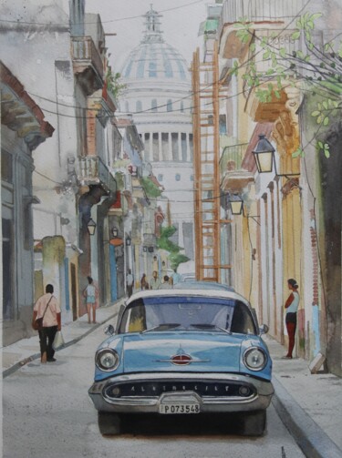 Painting titled "Old car.Havana stre…" by Eugene Panov, Original Artwork, Watercolor