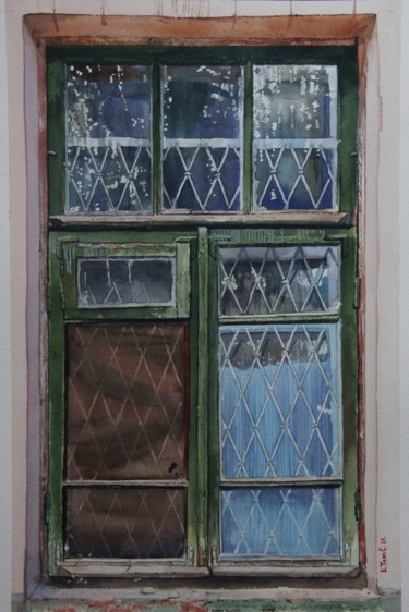 Painting titled "Old window" by Eugene Panov, Original Artwork, Watercolor