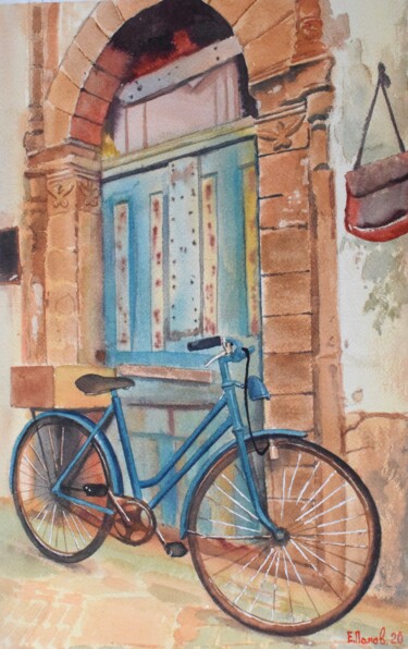 Painting titled "Bike near the old w…" by Eugene Panov, Original Artwork, Watercolor