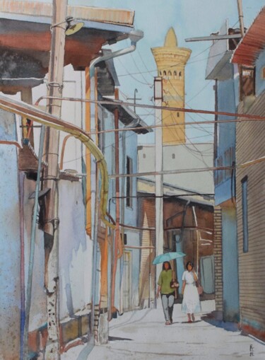 Painting titled "Old street in Bukha…" by Eugene Panov, Original Artwork, Watercolor