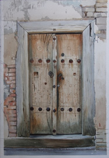 Peinture intitulée "Old door in Bukhara" par Eugene Panov, Œuvre d'art originale, Aquarelle
