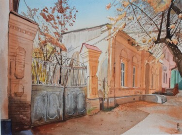 Pintura titulada "Autumn. Old street" por Eugene Panov, Obra de arte original, Acuarela