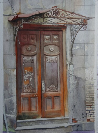 Pittura intitolato "Old door in Georgia…" da Eugene Panov, Opera d'arte originale, Acquarello