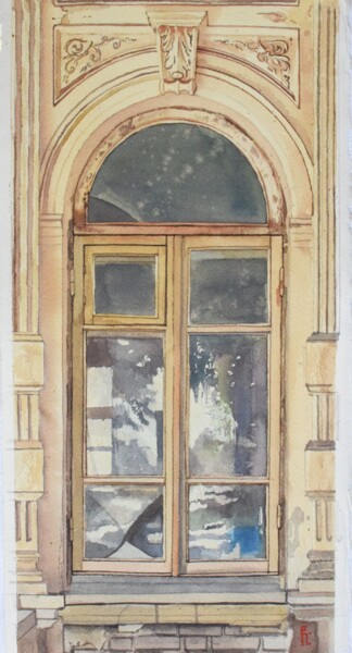 Malarstwo zatytułowany „Old window in Bukha…” autorstwa Eugene Panov, Oryginalna praca, Akwarela