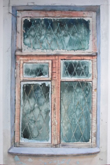 Painting titled "Old green window" by Eugene Panov, Original Artwork, Watercolor