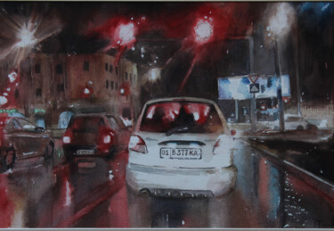 Painting titled "Car in the rain" by Eugene Panov, Original Artwork, Watercolor