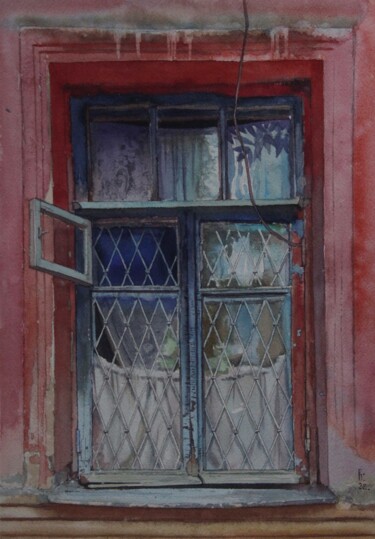Painting titled "Old red window" by Eugene Panov, Original Artwork, Watercolor