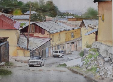 Pintura intitulada "Mountain village" por Eugene Panov, Obras de arte originais, Aquarela