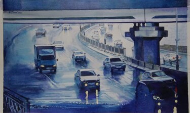 Painting titled "Road. Rain..." by Eugene Panov, Original Artwork, Watercolor
