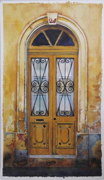 Painting titled "Yellow door" by Eugene Panov, Original Artwork, Watercolor