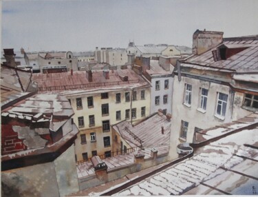 Painting titled "Roofs of Saint Pete…" by Eugene Panov, Original Artwork, Watercolor