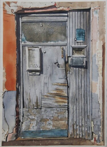 Painting titled "Gray old door" by Eugene Panov, Original Artwork, Watercolor