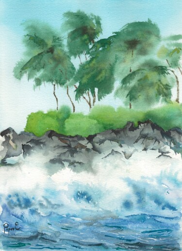 Schilderij getiteld "Coastal waves and p…" door Eugene Popov, Origineel Kunstwerk, Aquarel