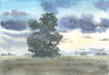 Painting titled "A huge lonely tree" by Eugene Popov, Original Artwork, Watercolor