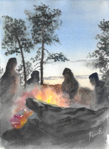 Peinture intitulée "Mysterious campfire…" par Eugene Popov, Œuvre d'art originale, Aquarelle