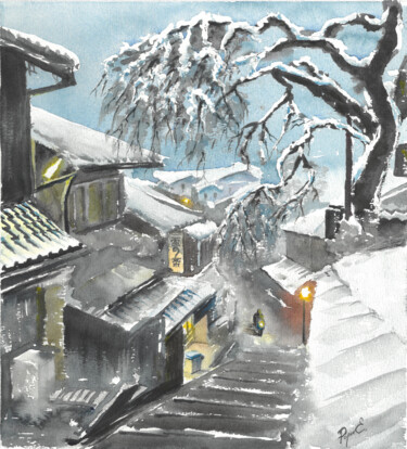 Schilderij getiteld "A snow covered Japa…" door Eugene Popov, Origineel Kunstwerk, Aquarel