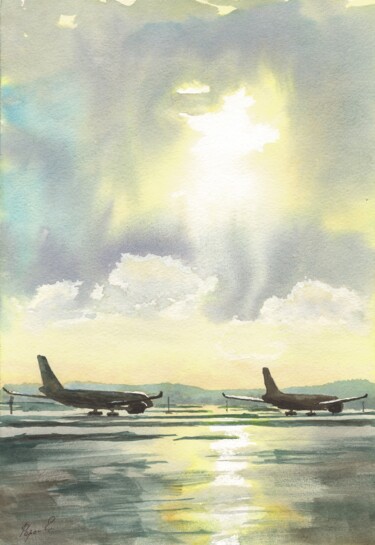 Malerei mit dem Titel "Two planes after a…" von Eugene Popov, Original-Kunstwerk, Aquarell