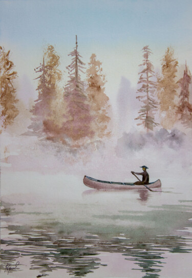 Painting titled "Boatman on the rive…" by Eugene Popov, Original Artwork, Watercolor