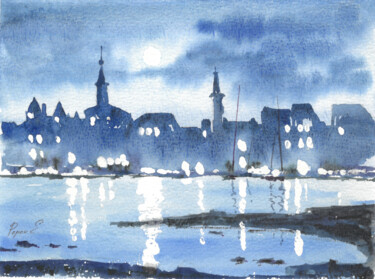 Malerei mit dem Titel "Full moon over the…" von Eugene Popov, Original-Kunstwerk, Aquarell