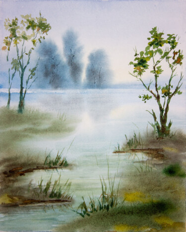 Painting titled "The lake and last f…" by Eugene Popov, Original Artwork, Watercolor