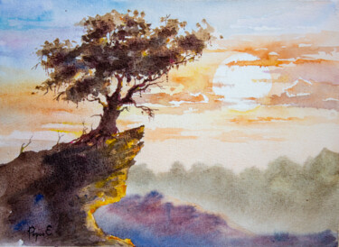 Painting titled "The tree on a rock…" by Eugene Popov, Original Artwork, Watercolor