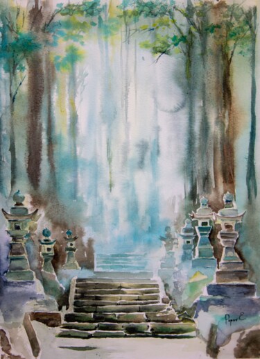 Schilderij getiteld "Illuminated stairs…" door Eugene Popov, Origineel Kunstwerk, Aquarel