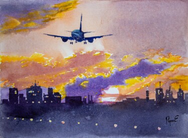 Pintura intitulada "The plane took off…" por Eugene Popov, Obras de arte originais, Aquarela