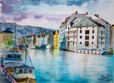 Картина под названием "The bay in Aalesund…" - Eugene Popov, Подлинное произведение искусства, Акварель
