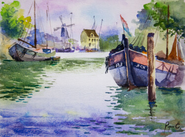 Painting titled "Boats in the bay" by Eugene Popov, Original Artwork, Watercolor