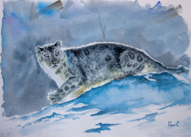 Painting titled "The snow leopard or…" by Eugene Popov, Original Artwork, Watercolor