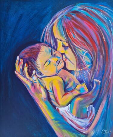Картина под названием "Motherhood, Angels…" - Eugenia Chicu Touma, Подлинное произведение искусства, Акрил Установлен на Дер…
