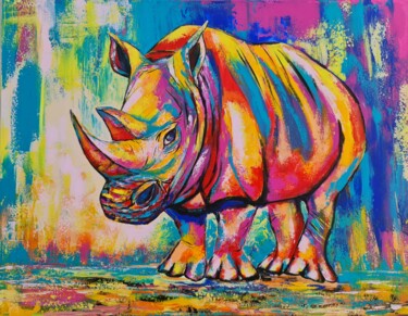 Painting titled "Rhino RODRIGO" by Eugenia Chicu Touma, Original Artwork, Acrylic Mounted on Wood Stretcher frame