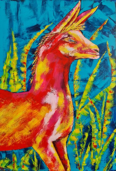 Painting titled "Red Lama" by Eugenia Chicu Touma, Original Artwork, Acrylic