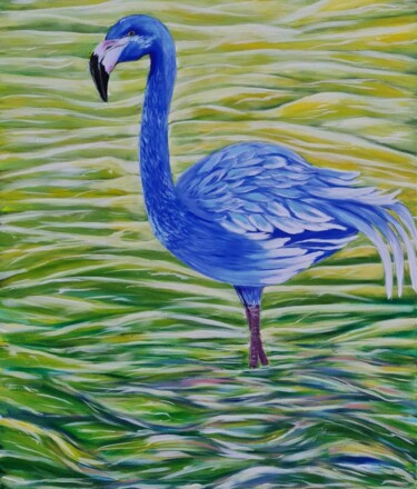 Painting titled "Blue Flamingo Paint…" by Eugenia Chicu Touma, Original Artwork, Acrylic Mounted on Wood Stretcher frame