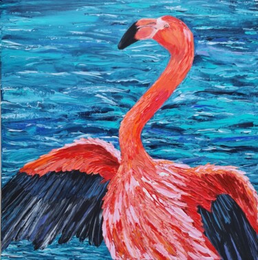 Schilderij getiteld "Flamingo" door Eugenia Chicu Touma, Origineel Kunstwerk, Acryl Gemonteerd op Frame voor houten brancard