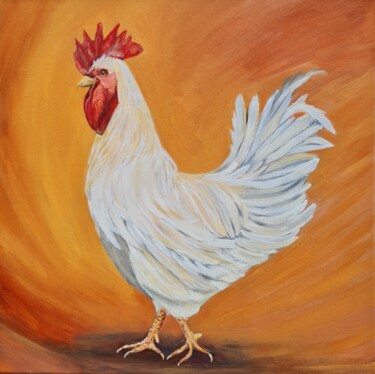 Painting titled "White Rooster, symb…" by Eugenia Chicu Touma, Original Artwork, Acrylic Mounted on Wood Stretcher frame